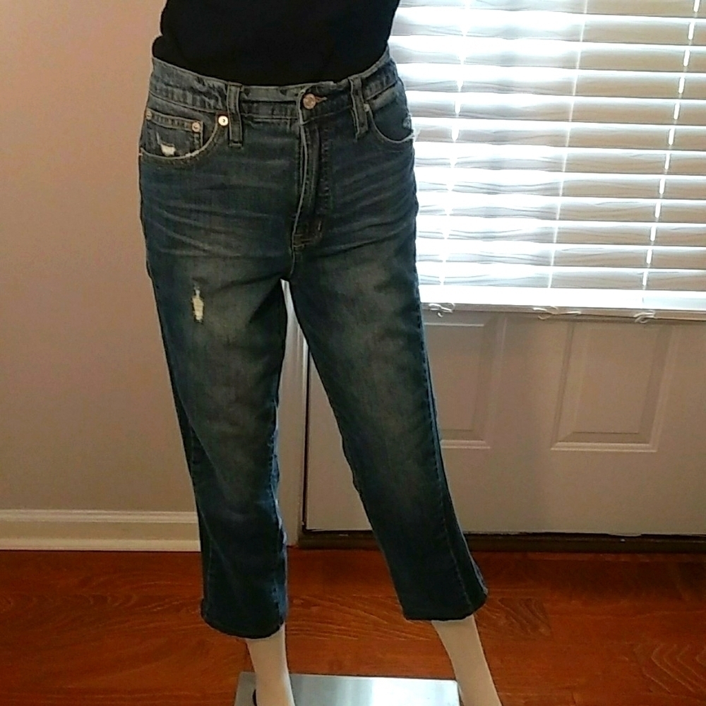 J. Crew Vintage Straight Stretch Distressed Demin Blue Jeans Size 29 Pockets